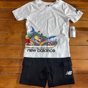 New Balance 2pc Set Boys 4T White Black Running Shoe Graphic T Cargo Shorts